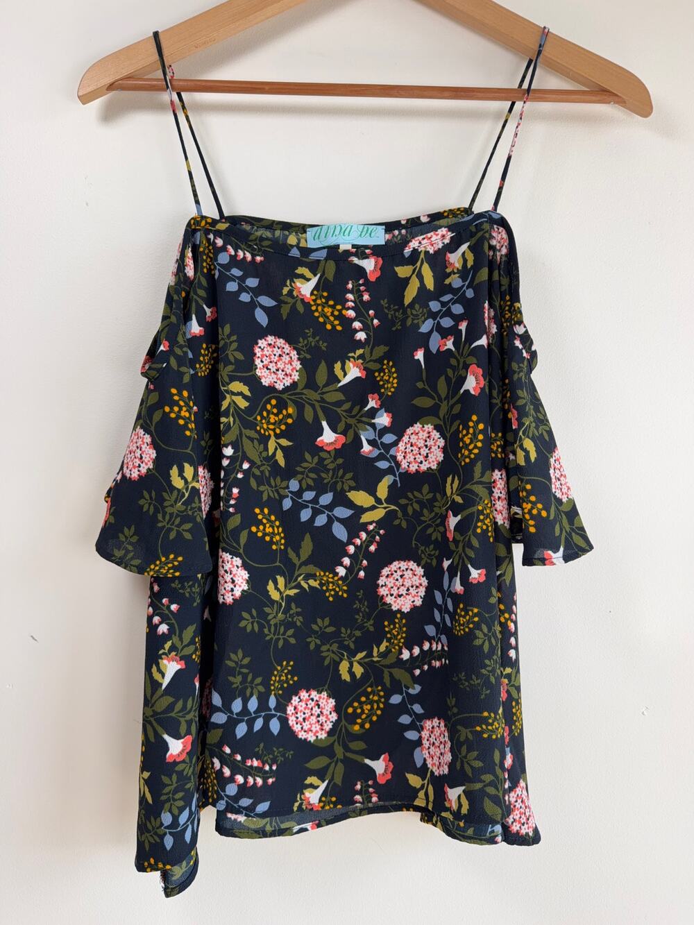 Aina Be Navy Floral Off Shoulder Blouse Top Womens Boho Cottagecore Flowy Light